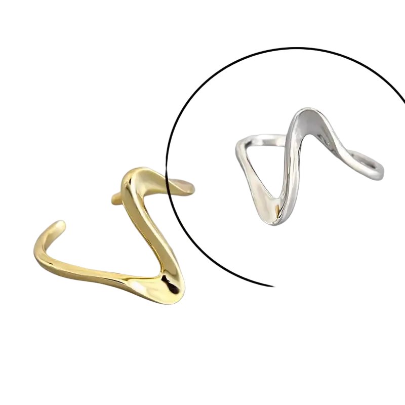 Sterling silver open ring for women featuring gold and silver wave-shaped bands with a sleek modern design