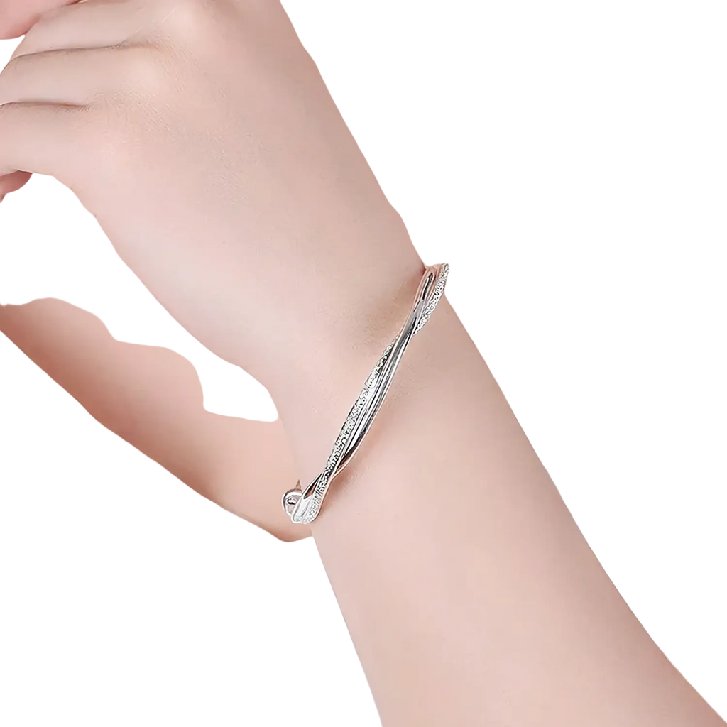 Sterling silver original weave bangle for women in silver with twisted design and embedded sparkling stones