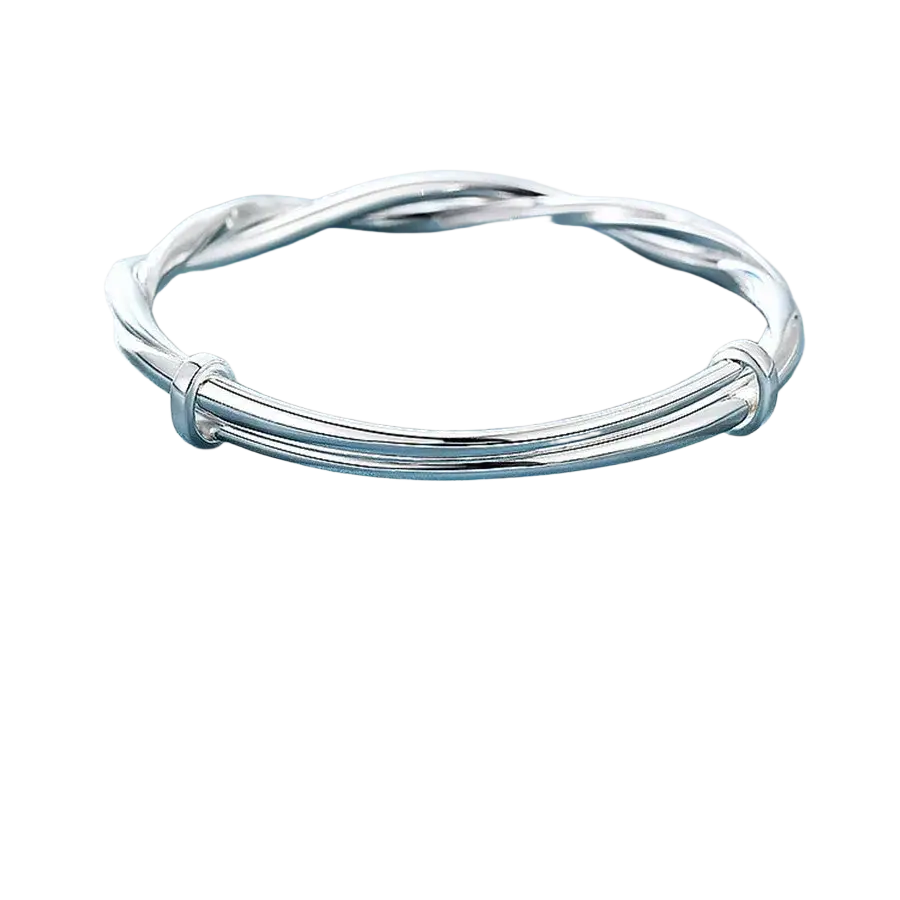 A sleek sterling silver original weave bangle for women with a polished finish and twisted interlocking design