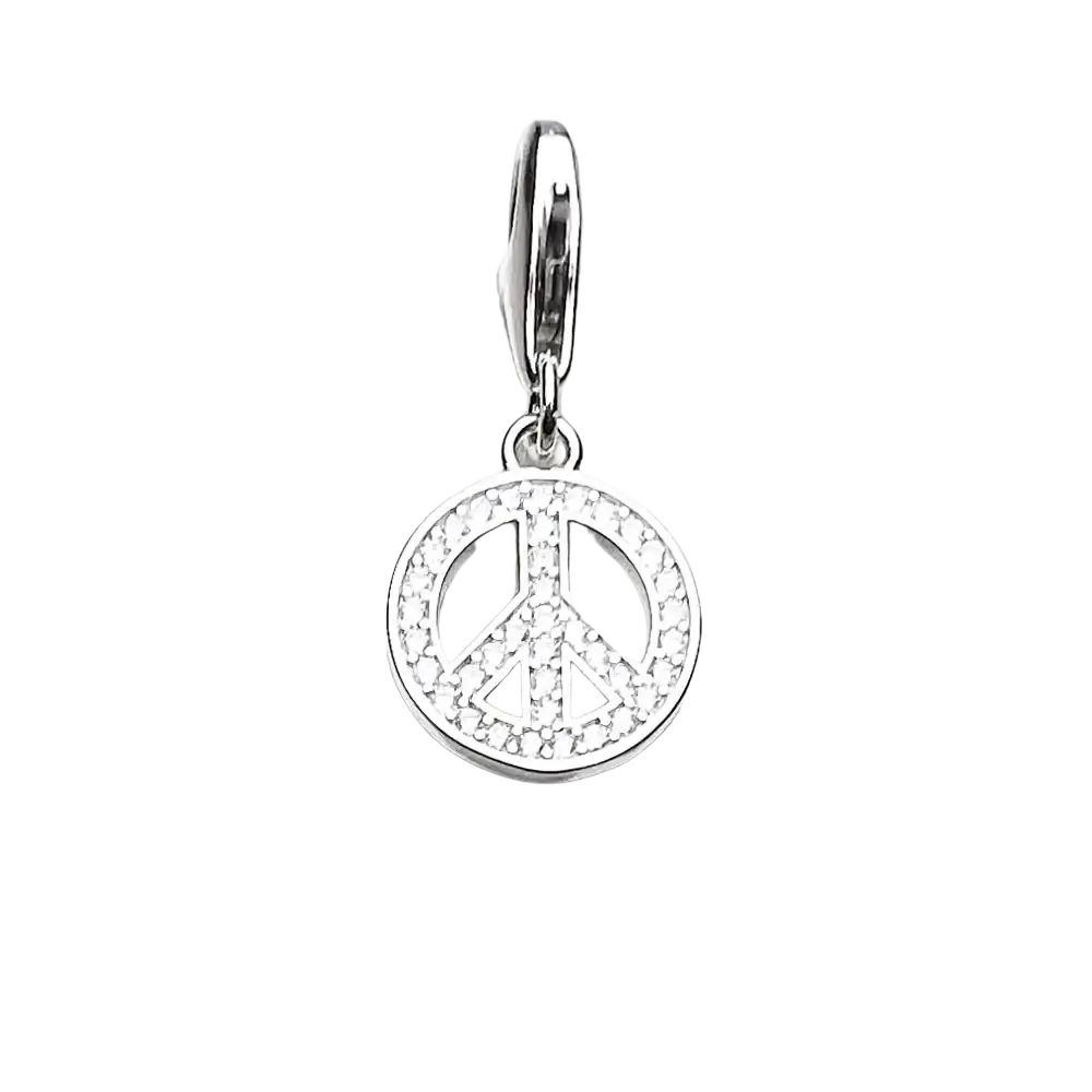 Sterling silver peace sign dangle charm with round diamond design and polished metal clasp in silver color