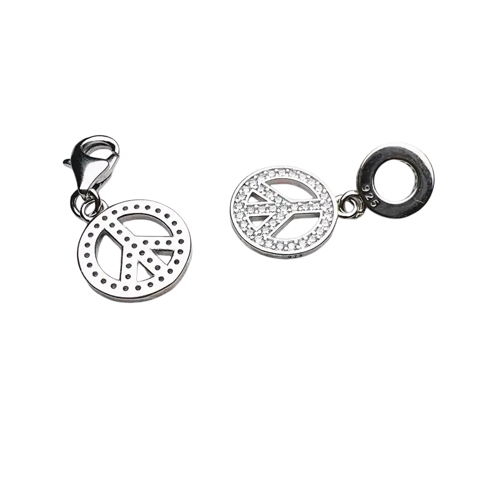 Sterling silver peace sign dangle charms featuring pave diamond and dotted patterns crafted from 925 silver