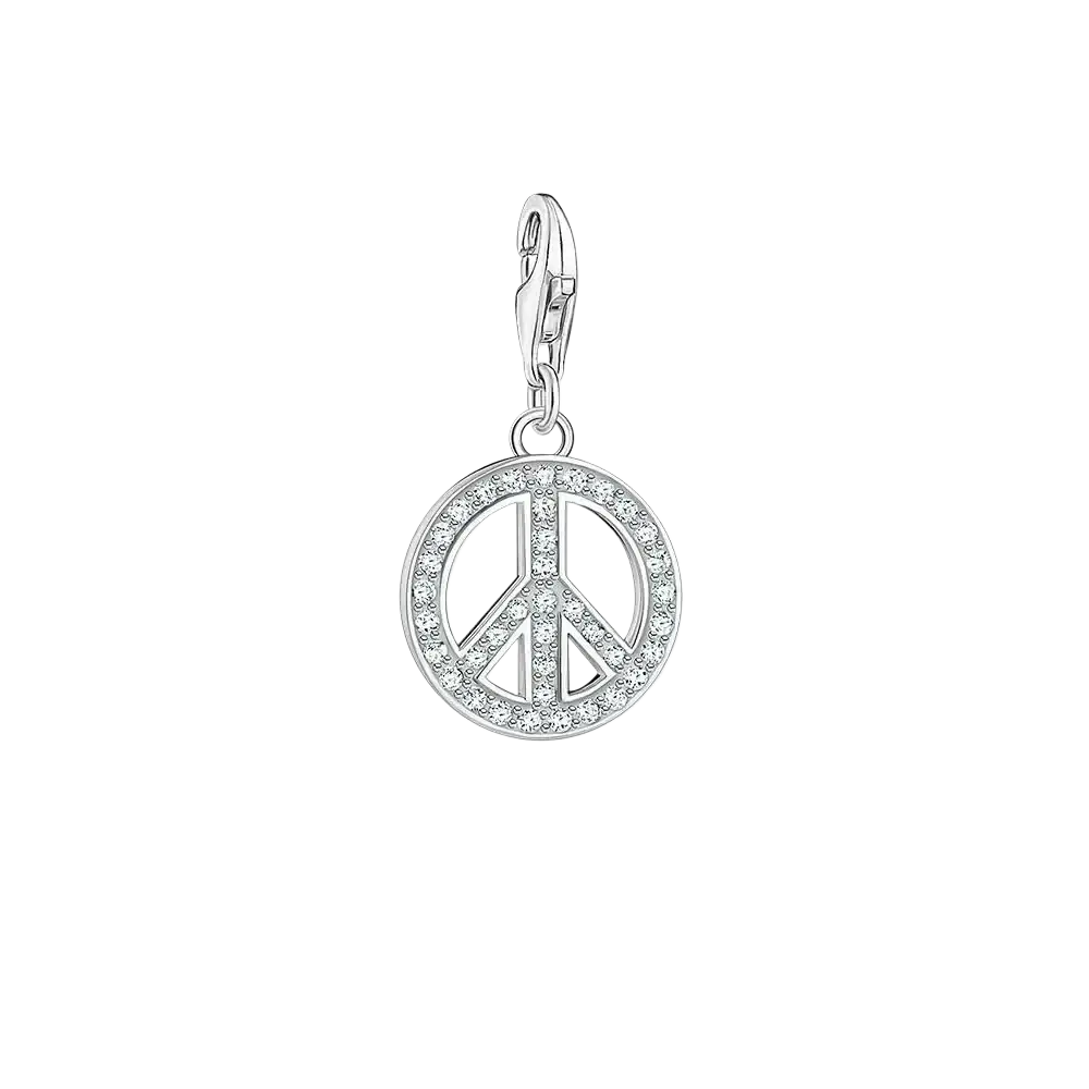 Sterling silver peace sign dangle charm with sparkling rhinestones and lobster clasp for easy attachment