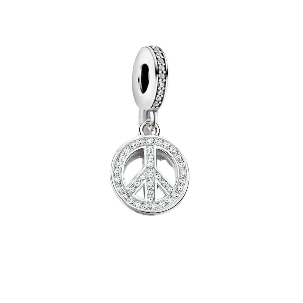 Sterling silver peace sign dangle charm with clear crystals encircling the symbol and top bail for pandora bracelets