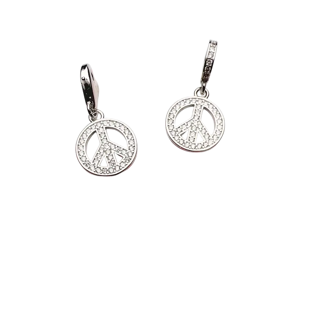 Sterling silver peace sign dangle earrings adorned with sparkling clear crystals along the circular border