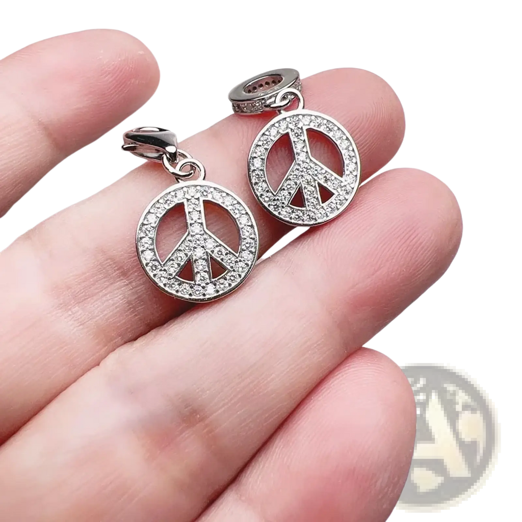 Sterling silver peace sign dangle charm with clear sparkling crystals for interchangeable bracelets or necklaces