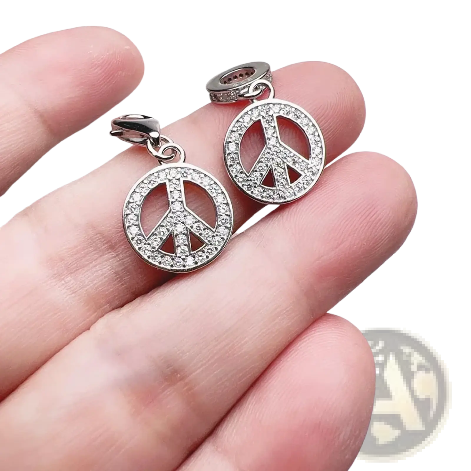 Sterling silver peace sign dangle charm with clear sparkling crystals for interchangeable bracelets or necklaces