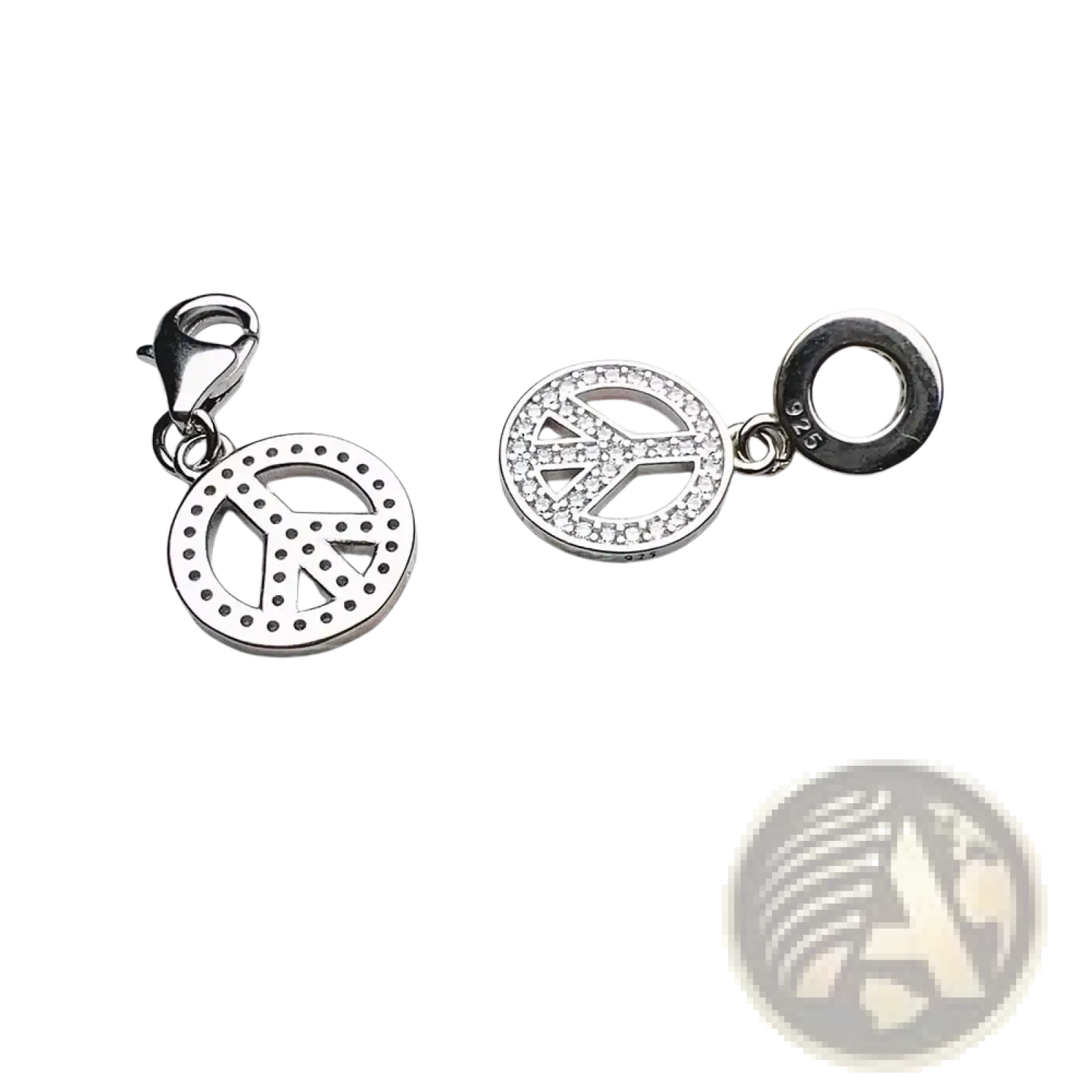 Sterling silver peace sign dangle charms featuring pave diamond and dotted patterns crafted from 925 silver