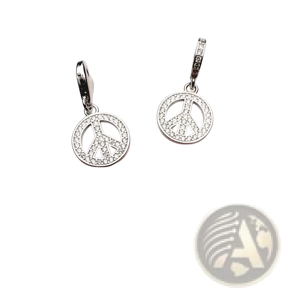 Sterling silver peace sign dangle earrings adorned with sparkling clear crystals along the circular border