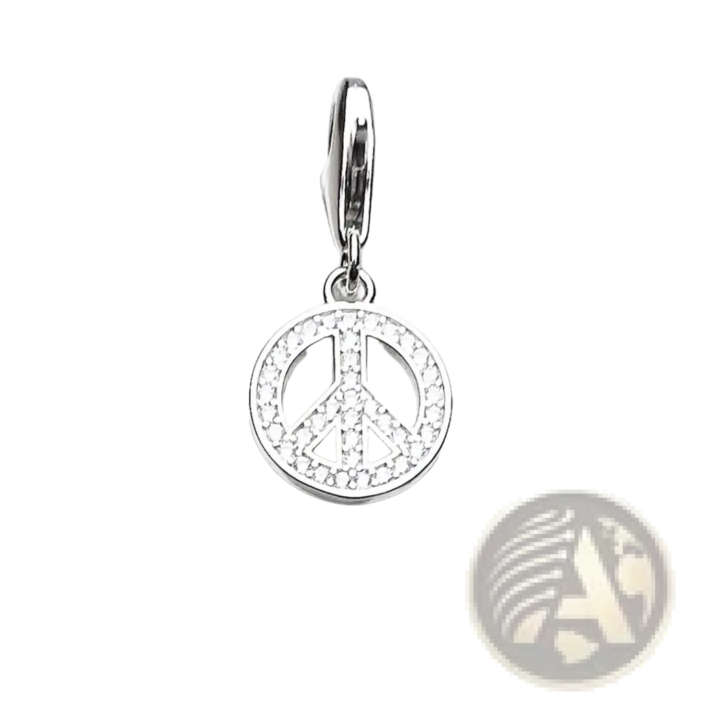Sterling silver peace sign dangle charm with round diamond design and polished metal clasp in silver color