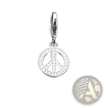 Sterling silver peace sign dangle charm with round diamond design and polished metal clasp in silver color