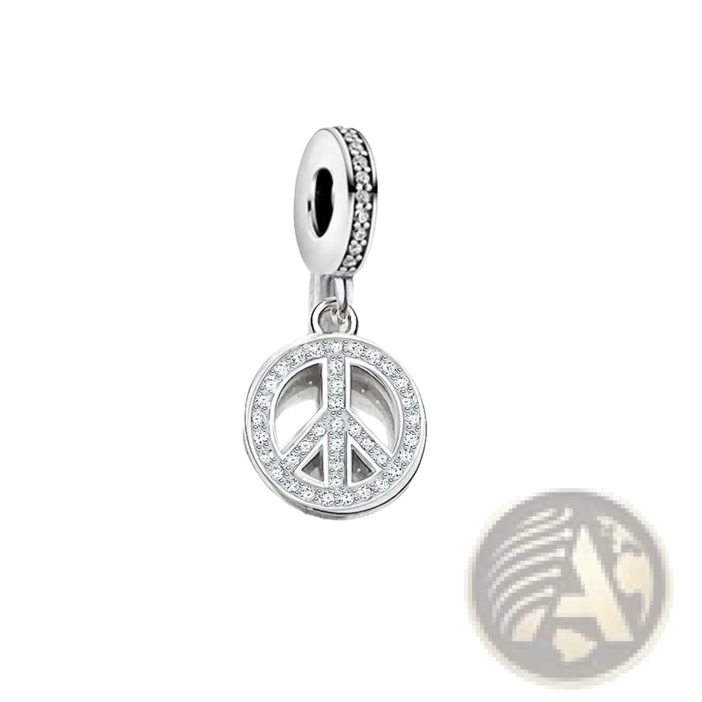 Sterling silver peace sign dangle charm with polished finish and sparkling crystal accent in silver tone