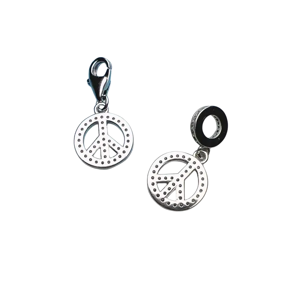 Sterling silver peace sign dangle charm with dotted border and clasp or bead hole attachment detail