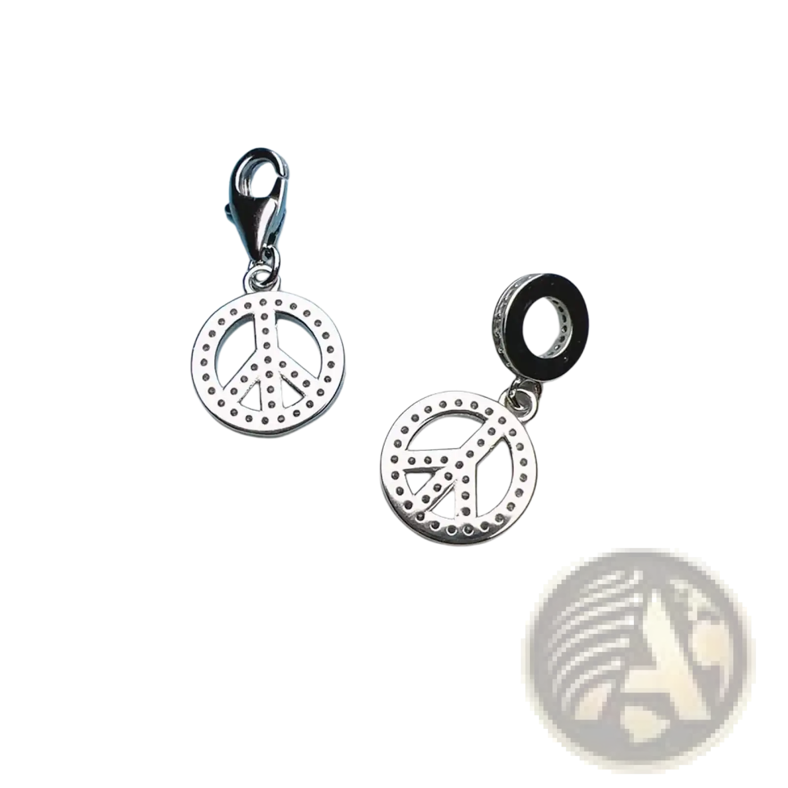 Sterling silver peace sign dangle charm with dotted border and clasp or bead hole attachment detail