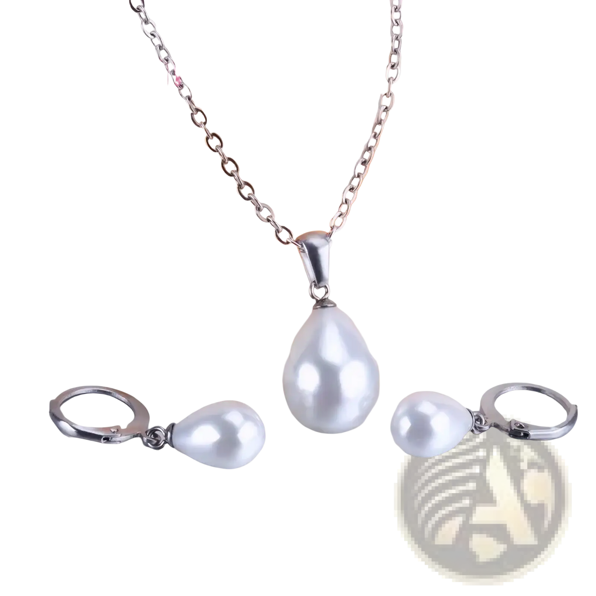Sterling silver pearl jewelry set featuring a silver teardrop pearl necklace and matching white pearl earrings