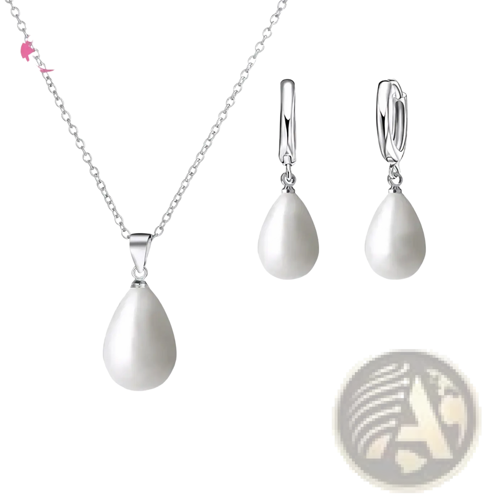 Sterling silver pearl jewelry set by giemi featuring silver teardrop pearl necklace and matching earrings