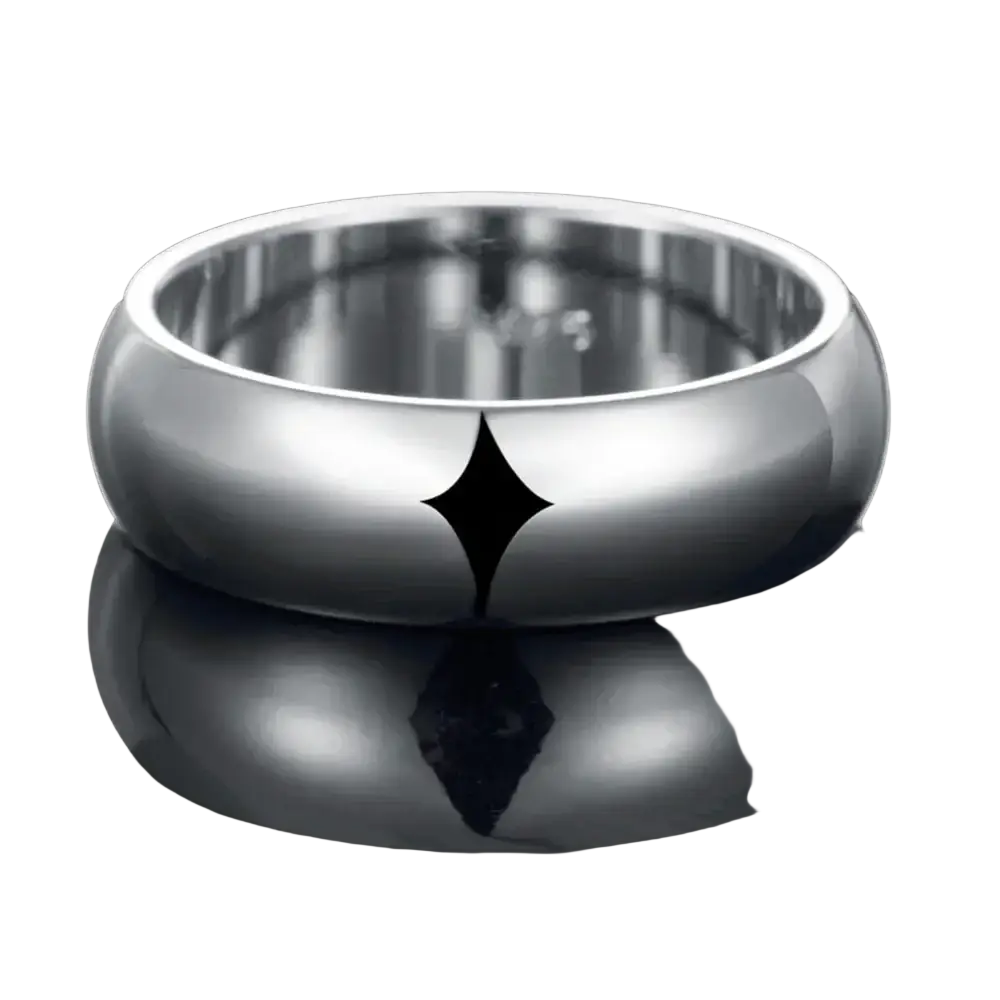 A high quality sterling silver ring with a minimalist black starburst engraving on a polished silver band