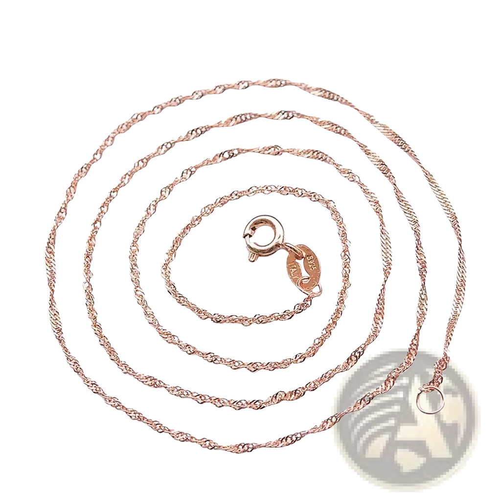 Sterling silver rose gold moissanite necklace featuring a twisted rope chain with a secure clasp and attached tag