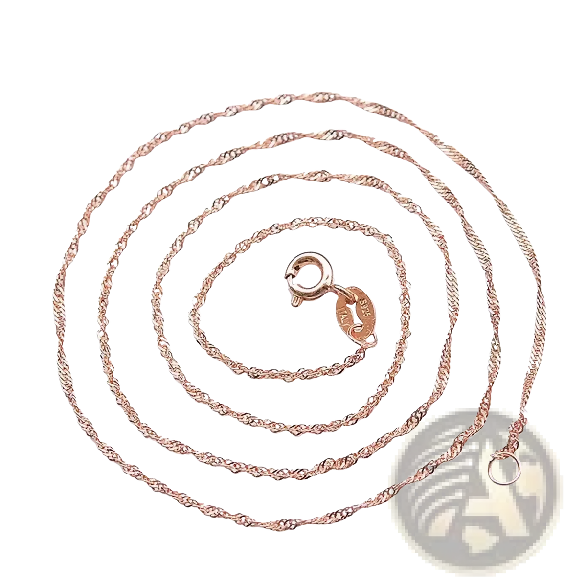 Sterling silver rose gold moissanite necklace featuring a twisted rope chain with a secure clasp and attached tag