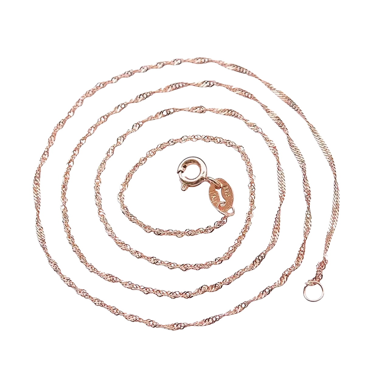 Sterling silver rose gold moissanite necklace featuring a twisted rope chain with a secure clasp and attached tag
