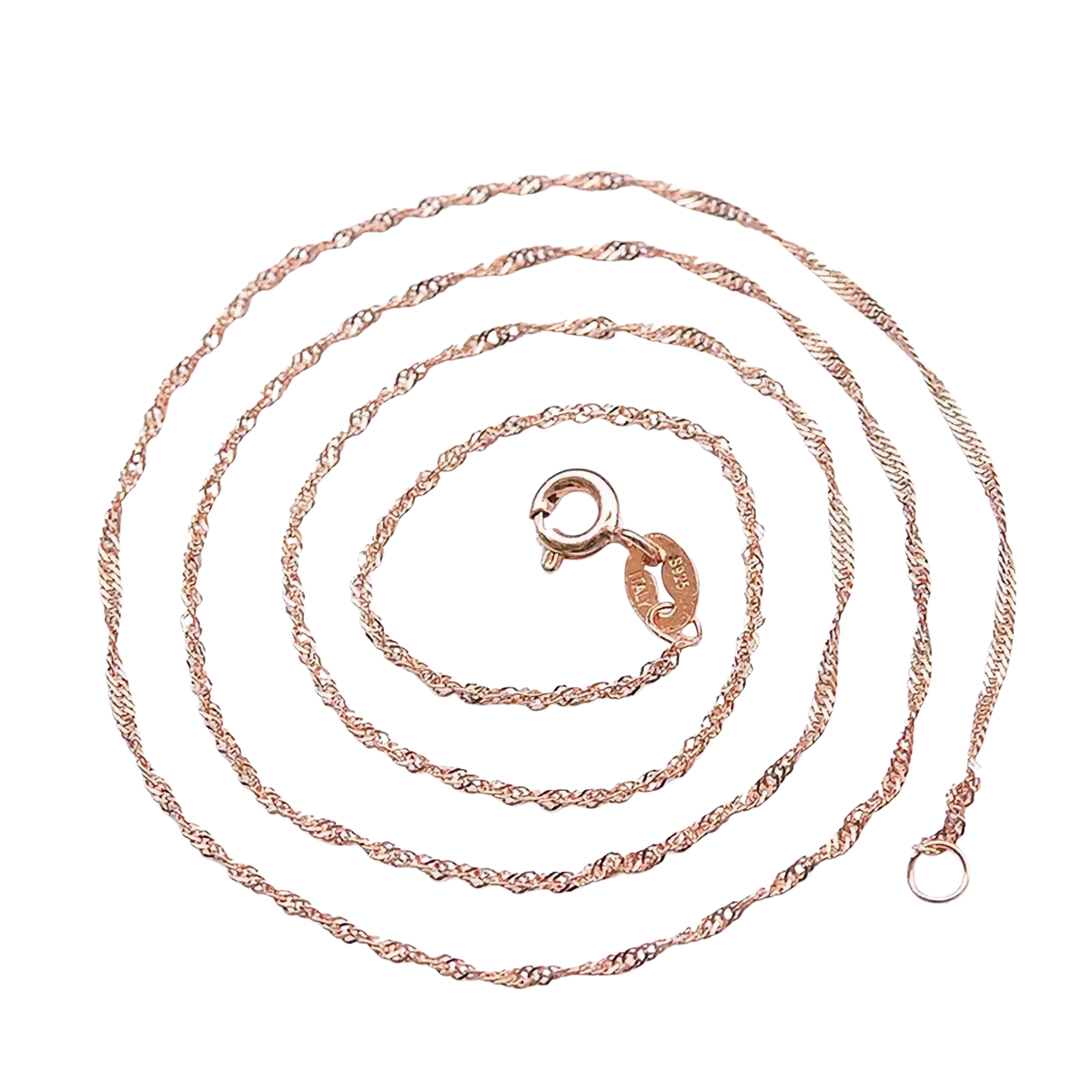 Sterling silver rose gold moissanite necklace featuring a delicate twisted chain with a secure clasp and tag