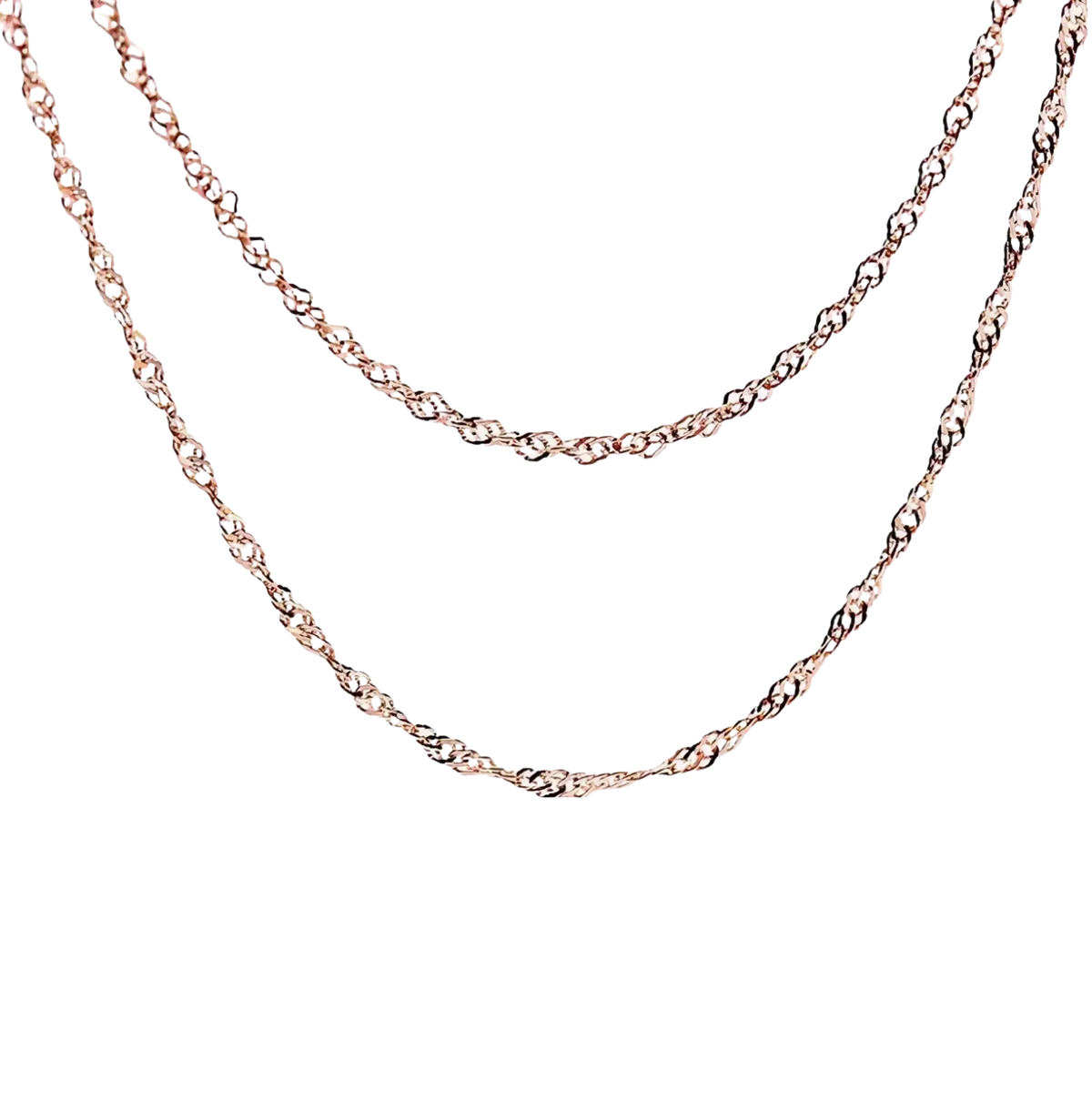 A delicate rose gold-colored twisted chain in sterling silver rose gold moissanite necklace design