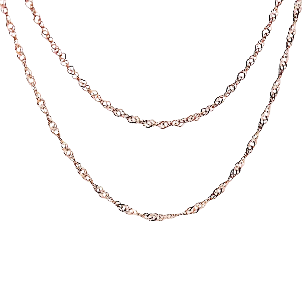 A sterling silver rose gold moissanite necklace with a delicate twisted interlocking link chain design