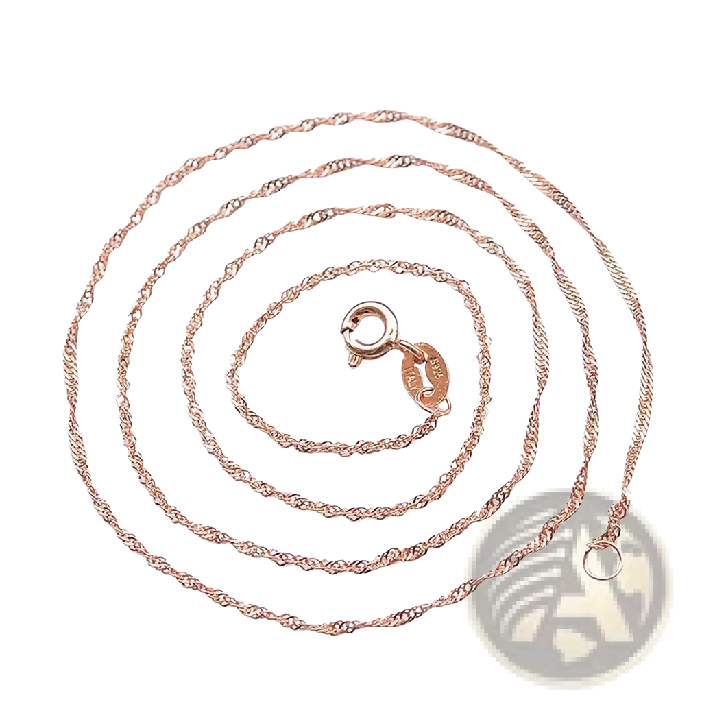 Sterling silver rose gold moissanite necklace featuring a delicate twisted chain with a secure clasp and tag