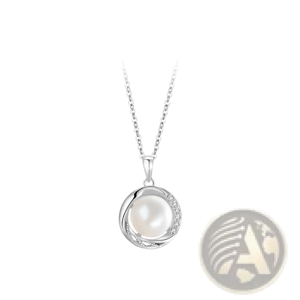 Sterling silver round freshwater pearl pendant necklace with a lustrous white pearl and diamond-adorned curved setting