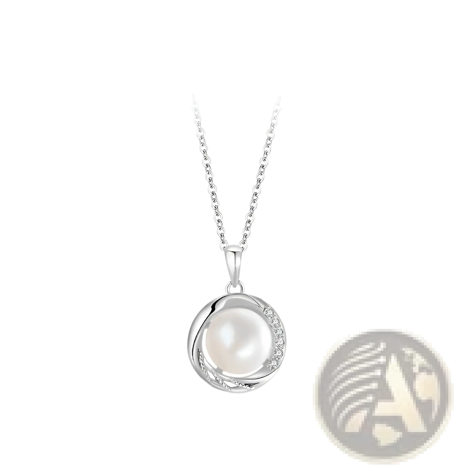 Sterling silver round freshwater pearl pendant necklace with a lustrous white pearl and diamond-adorned curved setting