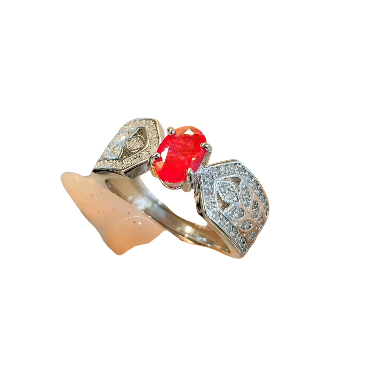 Sterling silver ruby gemstone ring for women with vibrant red oval ruby and diamond-encrusted shield accents
