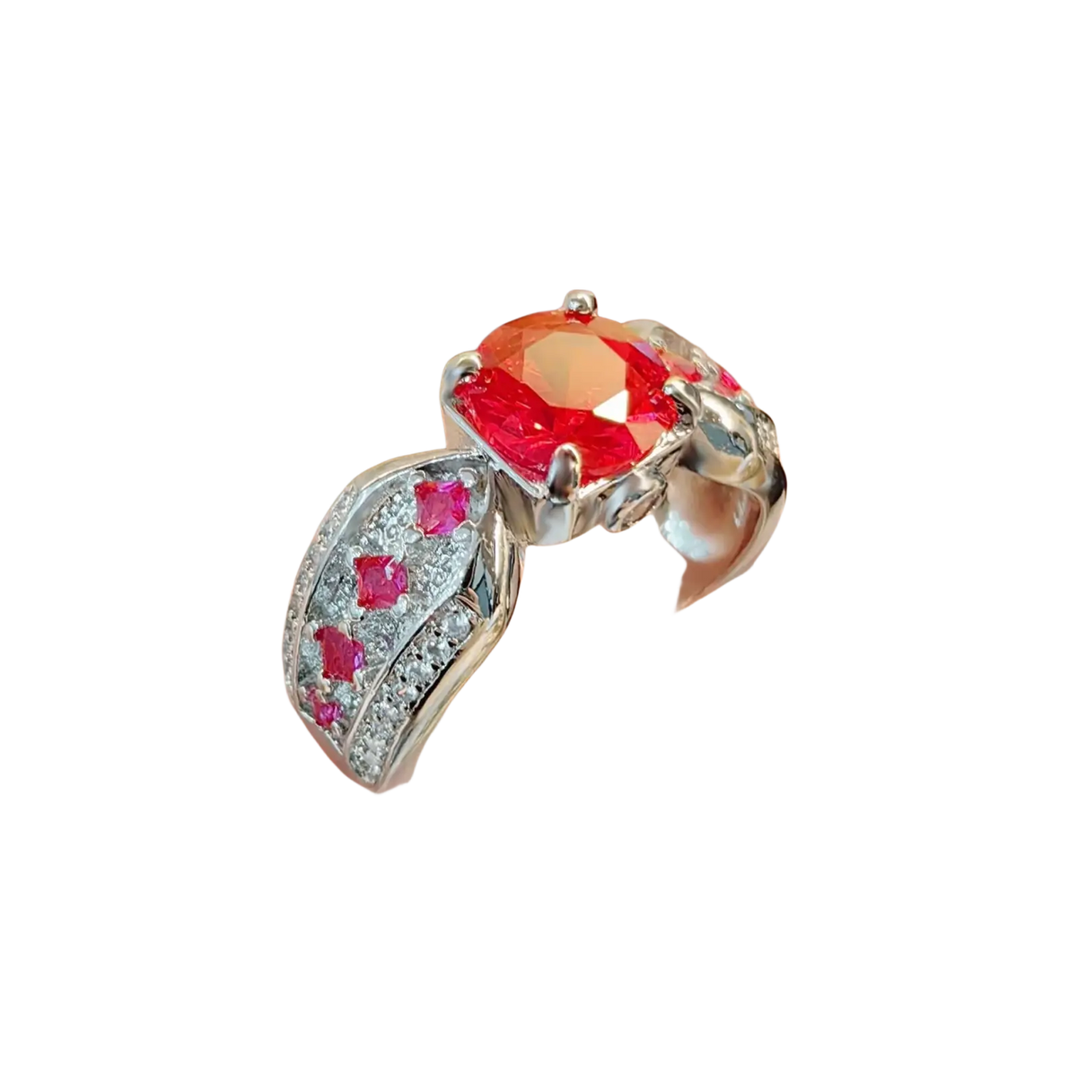 Sterling silver ruby gemstone ring for women with a large red center stone, smaller rubies, and diamond accents