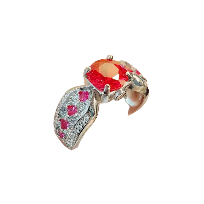 Sterling silver ruby gemstone ring for women with oval red gemstone and pink clear stones on leaf-inspired band