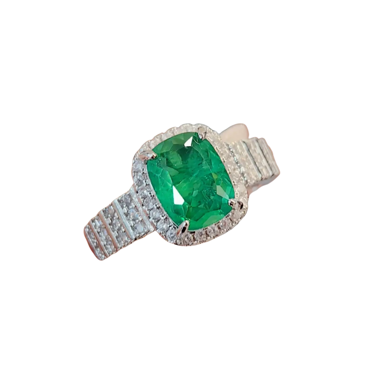 Sterling silver ruby gemstone ring for women featuring a radiant emerald-cut green gemstone with diamond halo accents