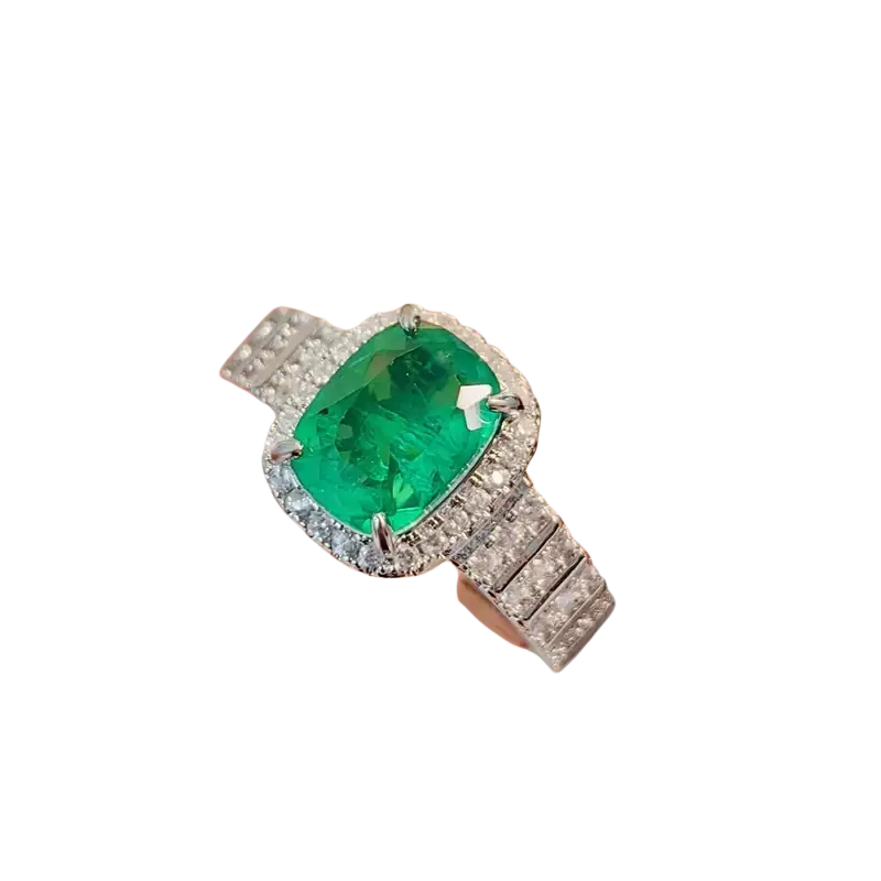 Sterling silver ruby gemstone ring for women featuring a radiant emerald-cut green gemstone with diamond halo in platinum band