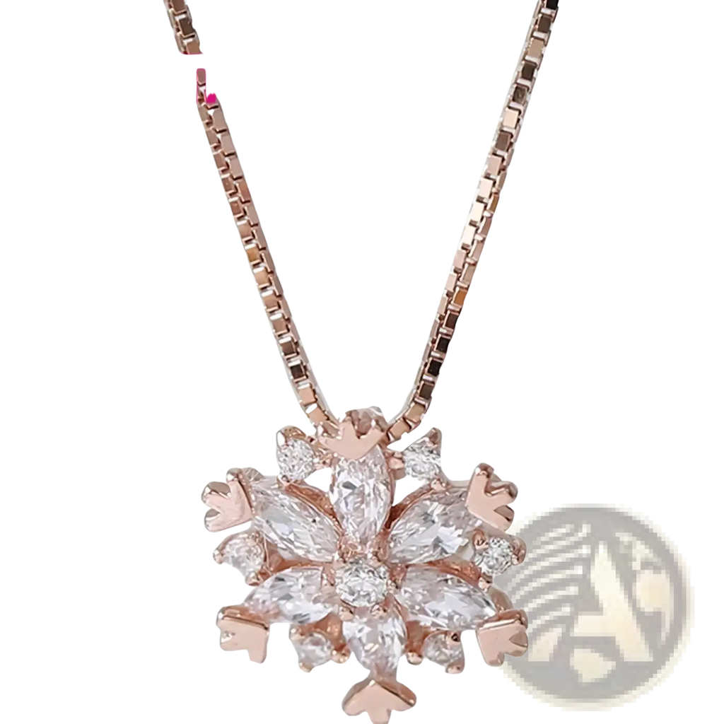 Sterling silver snowflake pendant necklace set featuring a rose gold snowflake pendant with clear crystal accents
