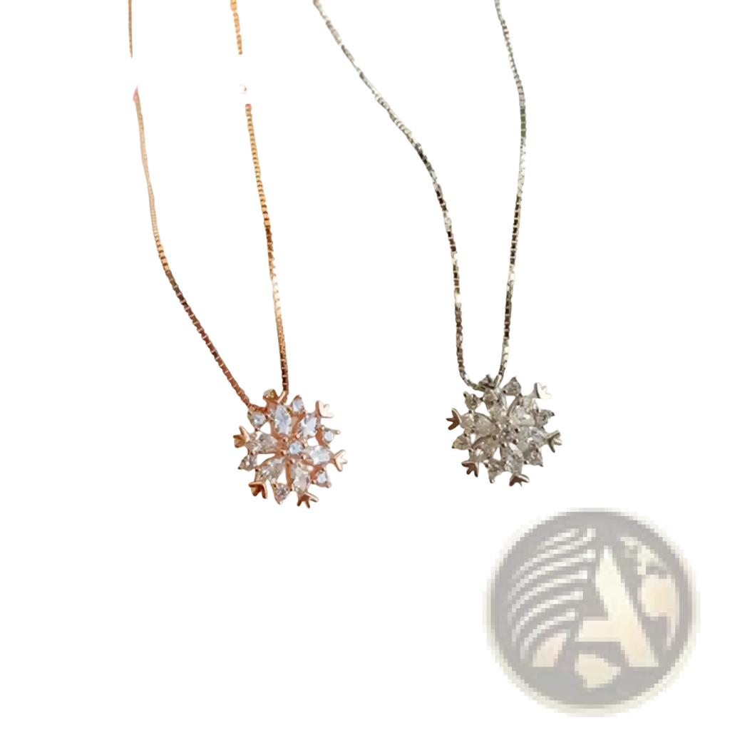 Two yameli sterling silver snowflake pendant necklaces in rose gold and silver with clear sparkling crystals