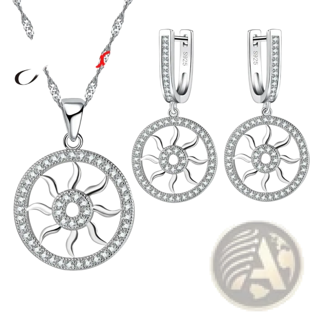 Sterling silver sunburst jewelry set featuring a pendant necklace and matching hoop earrings with clear stones