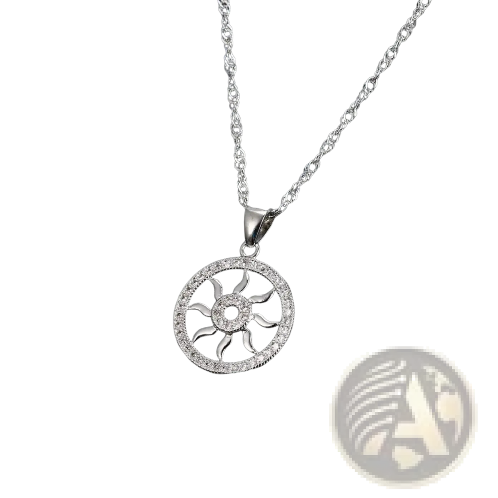 Sterling silver sun pendant necklace with circular design and sparkling stones in sunburst jewelry set