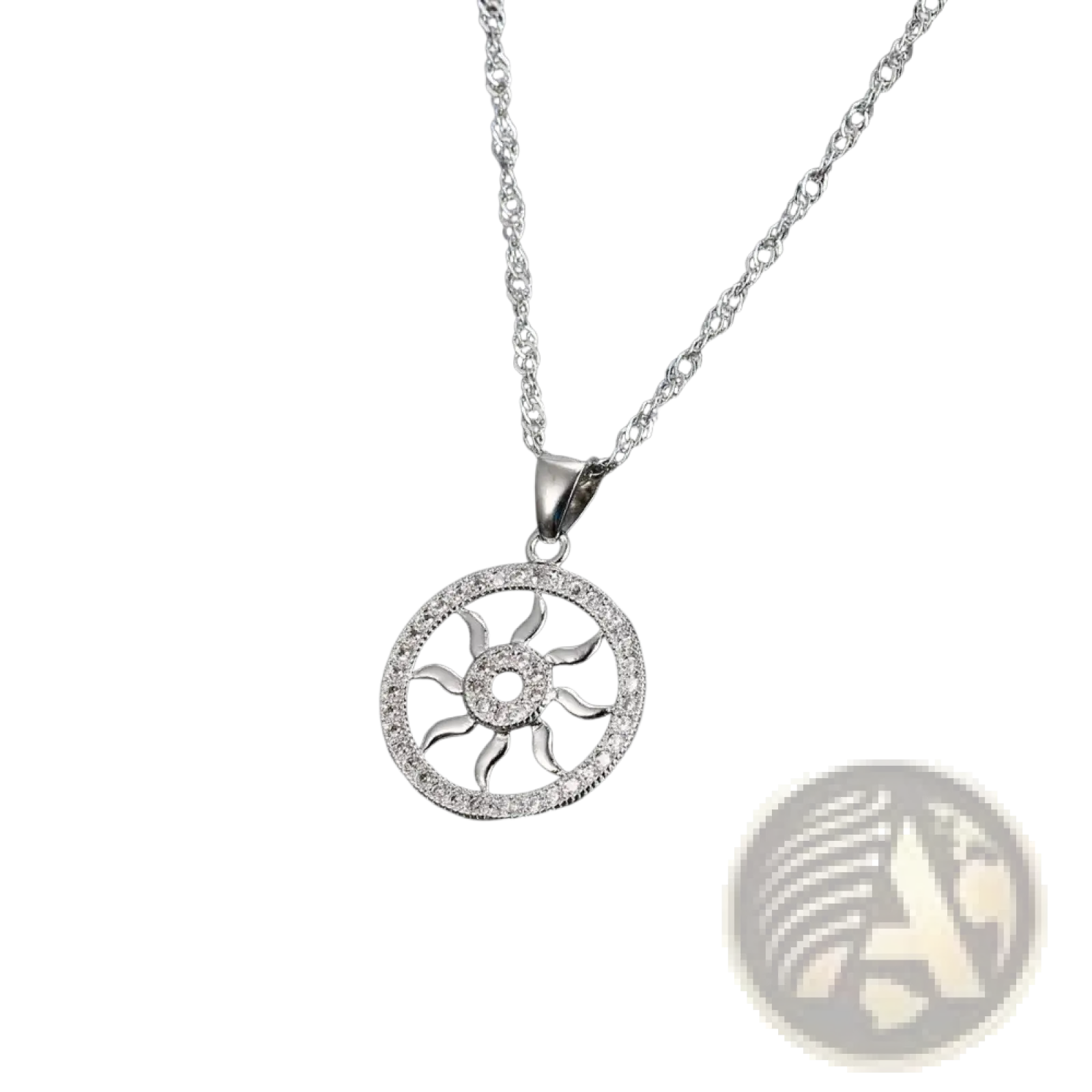 Sterling silver sun pendant necklace with circular design and sparkling stones in sunburst jewelry set