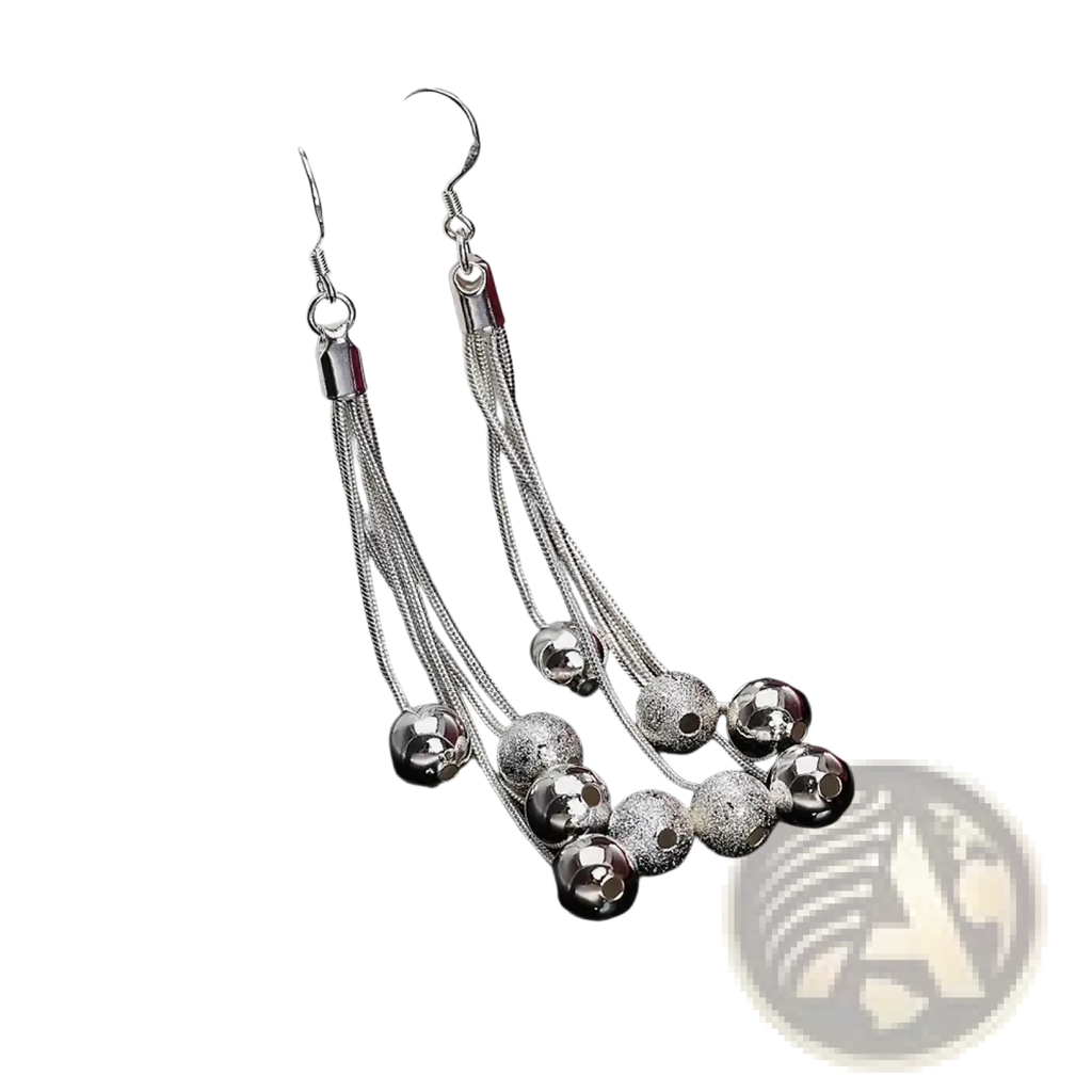 Sterling silver tassel bead dangling earrings with multiple chain strands featuring polished and textured beads