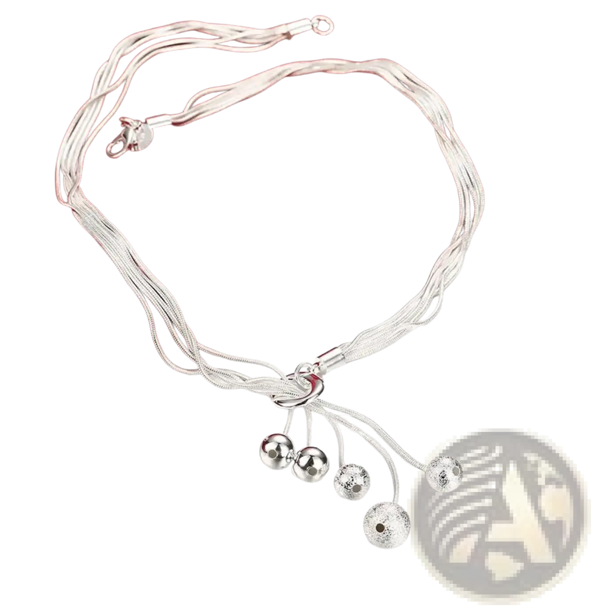 Sterling silver tassel bead jewelry set featuring a silver multi strand necklace with a central knot and textured beads