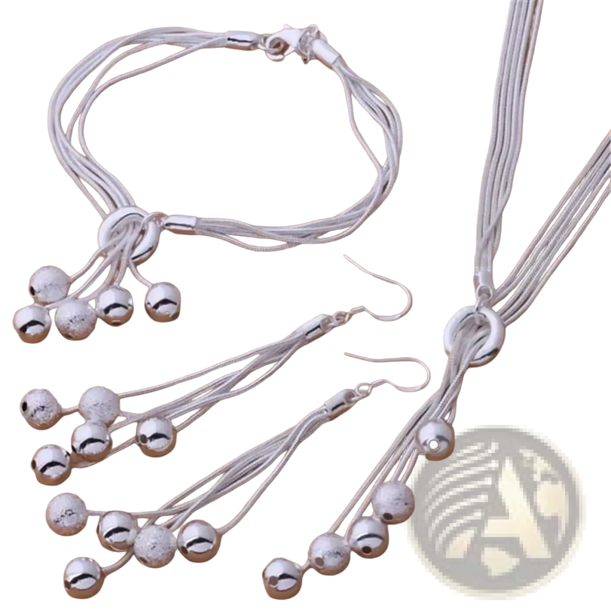 Sterling silver tassel bead jewelry set with silver-toned multi-strand necklace and dangling spherical bead earrings