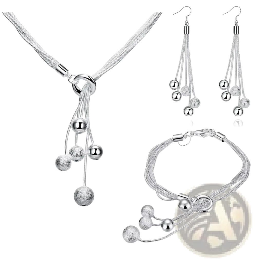 Sterling silver tassel bead jewelry set with necklace, matching earrings, and bracelet featuring polished and matte beads