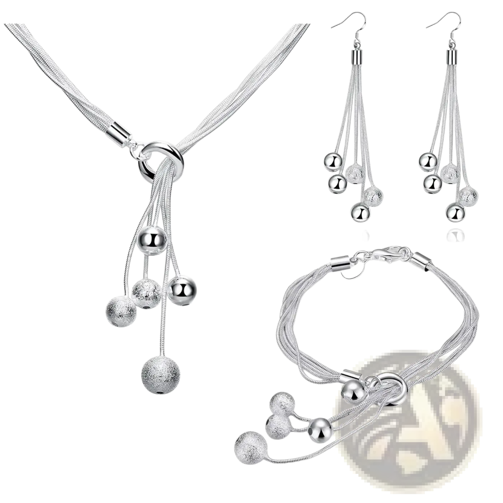 Sterling silver tassel bead jewelry set with necklace, matching earrings, and bracelet featuring polished and matte beads