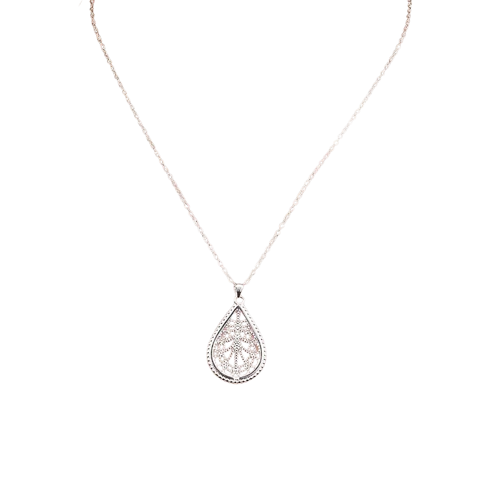 Sterling silver teardrop pendant necklace with intricate filigree design and beaded edge in a delicate jewelry set