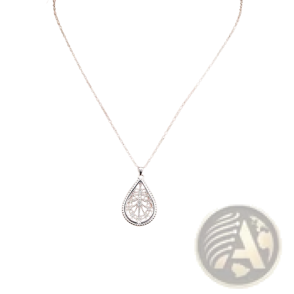 Sterling silver teardrop pendant necklace with intricate filigree design and beaded edge in a delicate jewelry set