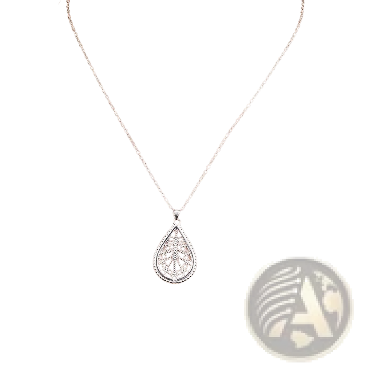 Sterling silver teardrop pendant necklace with intricate filigree design and beaded edge in a delicate jewelry set