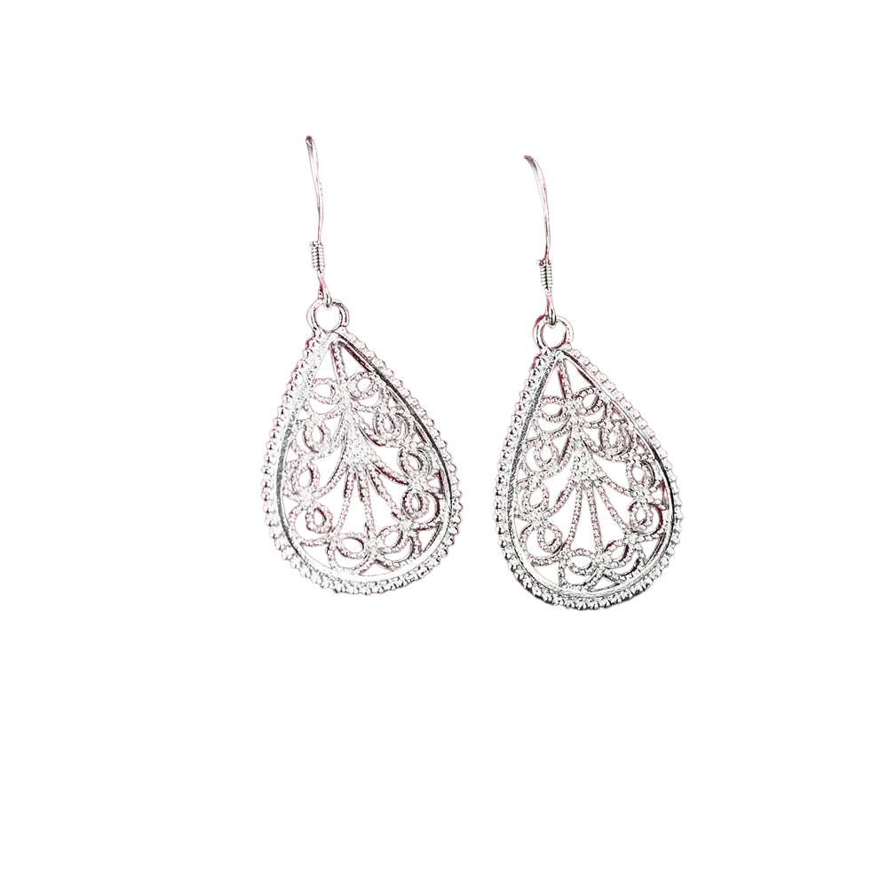 Sterling silver teardrop earrings featuring intricate filigree detailing and a beaded edge in a jewelry set