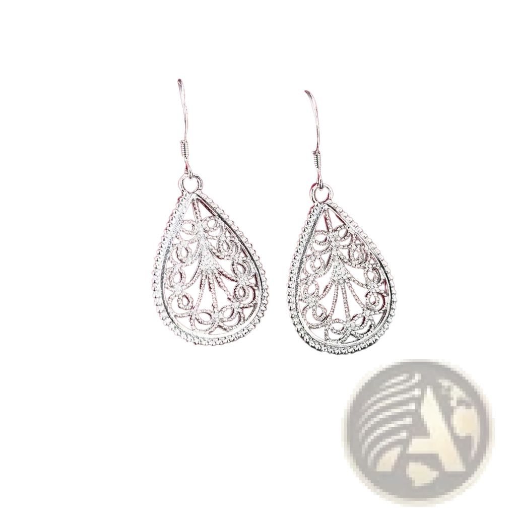 Sterling silver teardrop earrings featuring intricate filigree detailing and a beaded edge in a jewelry set
