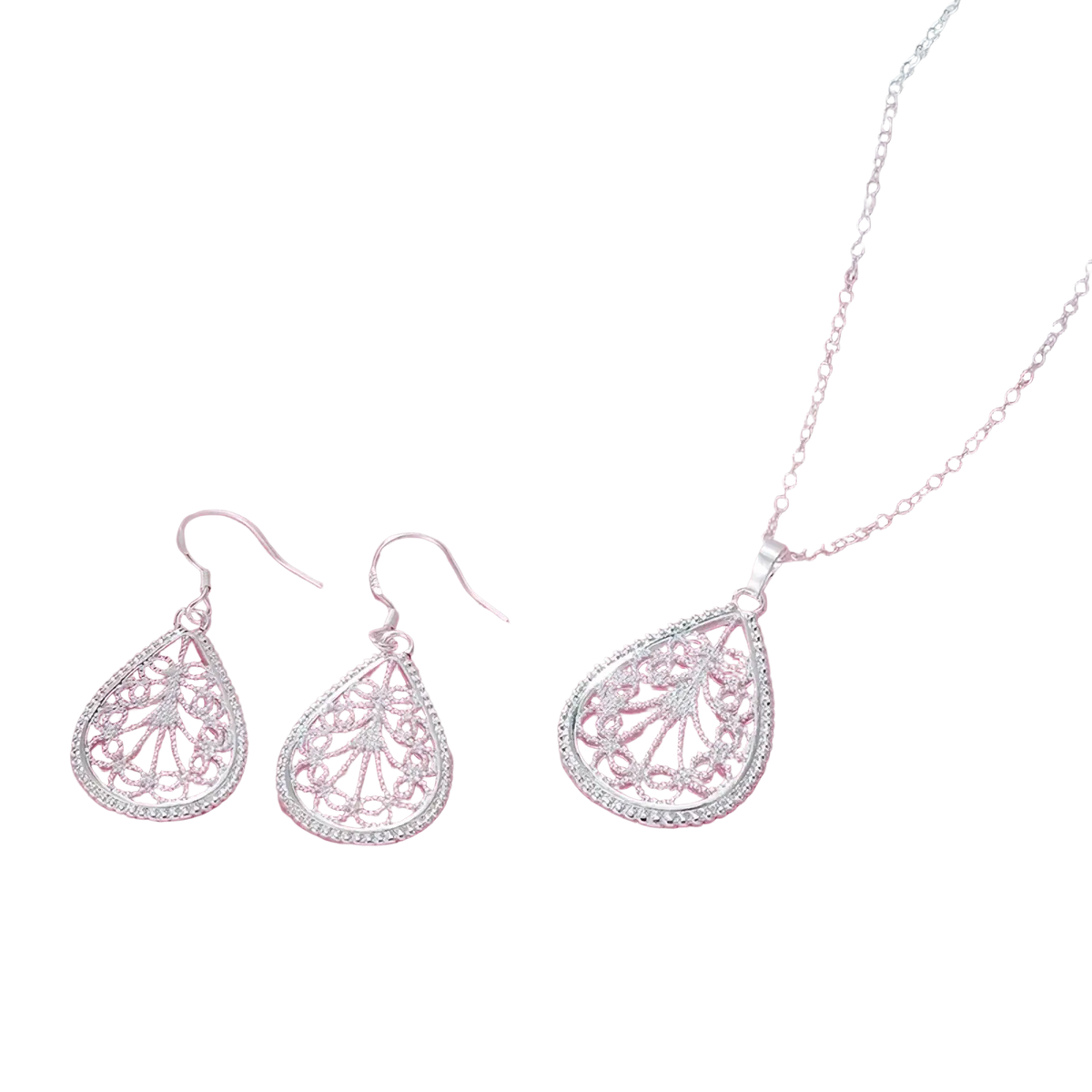 Sterling silver teardrop jewelry set featuring silver filigree pendant necklace and matching earrings